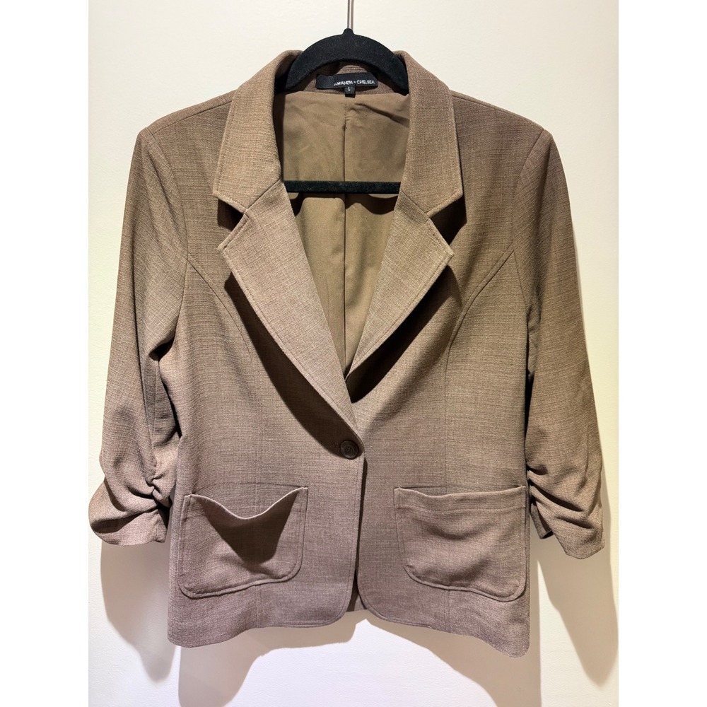 Amanda + Chelsea Womens Brown Ruched 3/4 Sleeve Single Button Blazer Size L